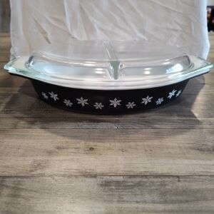 Vintage Pyrex Black Snowflake Divided Milk  Glass Dish
